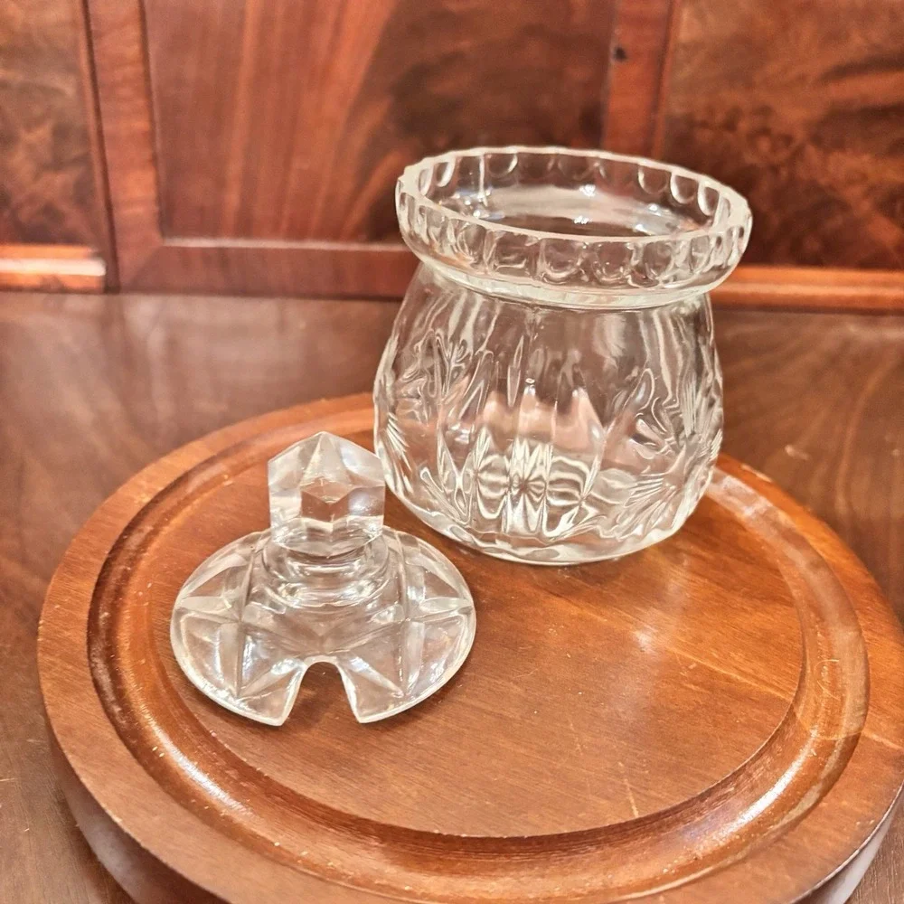 Vintage Clear Pressed Glass Mustard Condiment Jar Floral Starburst